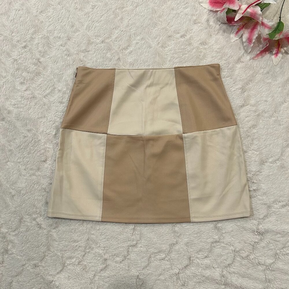 Hollister - Ultra High Rise Patchwork Color Block Faux Leather Skirt Cream Tan